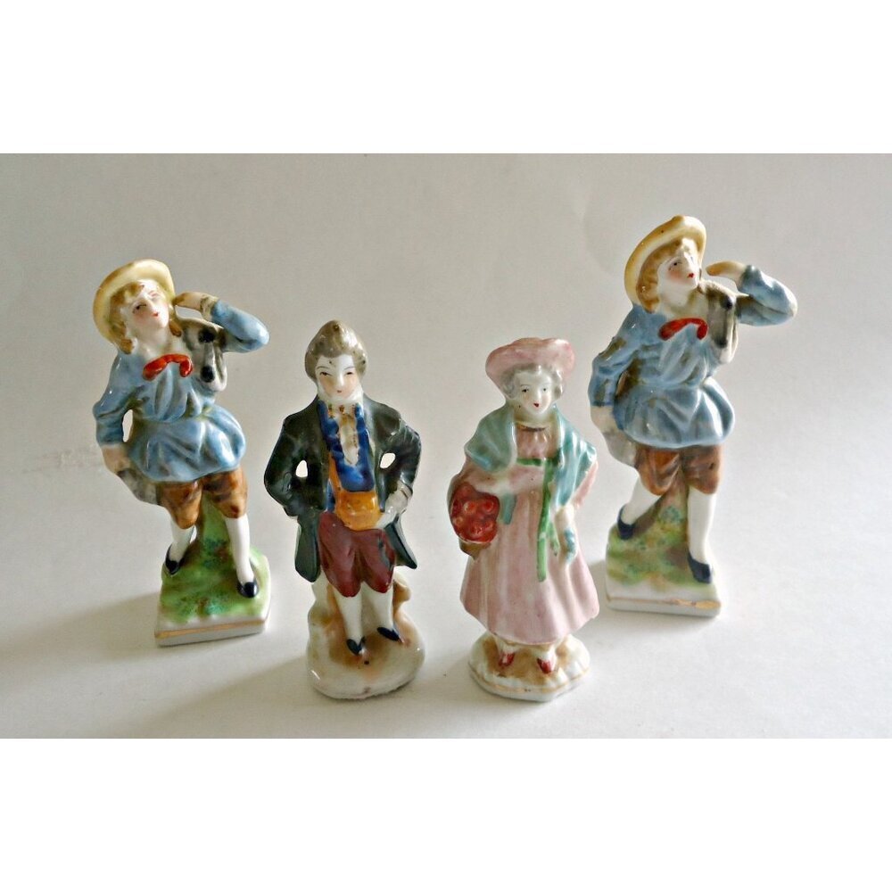 4 Occupied Japan Figurines Colonial Man and Woman & 2 Young Men Figurine Instant